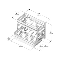 Twin-over-full wooden bunk bed dimensions diagram with trundle, measurement schematic showing top twin 80 in (203 cm) x 43 in (110 cm), bottom full 75 in (190 cm) x 59 in (150 cm), overall height 64 in (163 cm), slatted mattress supports and built-in side ladder