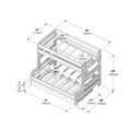 Twin-over-full wooden bunk bed dimensions diagram with trundle, measurement schematic showing top twin 80 in (203 cm) x 43 in (110 cm), bottom full 75 in (190 cm) x 59 in (150 cm), overall height 64 in (163 cm), slatted mattress supports and built-in side ladder