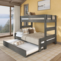 Modern rustic grey wooden twin-over-full bunk bed with pull-out trundle, beige bedding and plaid pillows in a lakeside cabin bedroom with large window