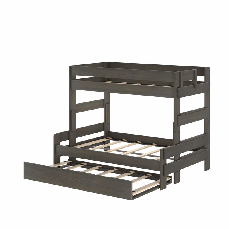 Dark gray solid wood bunk bed with pull-out trundle, slatted mattress supports, guardrails and ladder — space-saving kids' bedroom furniture