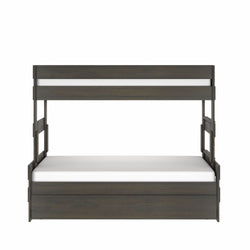 Modern dark brown wooden bunk bed with white mattresses and built-in guardrails, space-saving kids' and teen bedroom furniture