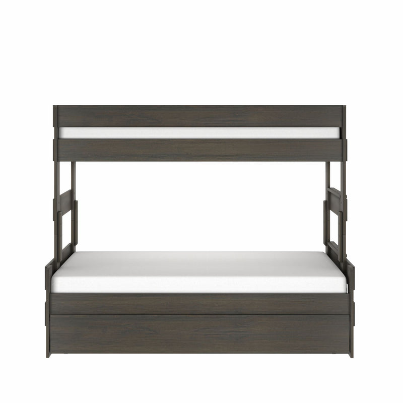 Modern dark brown wooden bunk bed with white mattresses and built-in guardrails, space-saving kids' and teen bedroom furniture