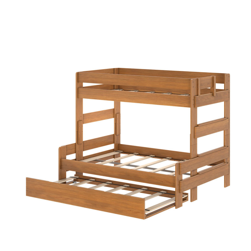 Solid wood bunk bed with pull-out trundle in warm oak finish — space-saving, sturdy kids bedroom furniture