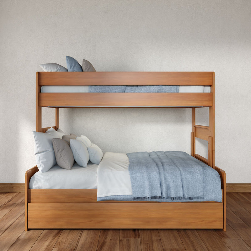 Solid wood bunk bed with light blue and white bedding in a minimalist bedroom on hardwood floor — space-saving modern design