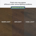 Barnwood Brown wood finish sample showing how the finish color varies under warm light, daylight, and cool light for flooring and furniture