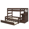 Dark walnut wooden bunk bed with built-in staircase storage and pull-out trundle, space-saving kids bedroom furniture