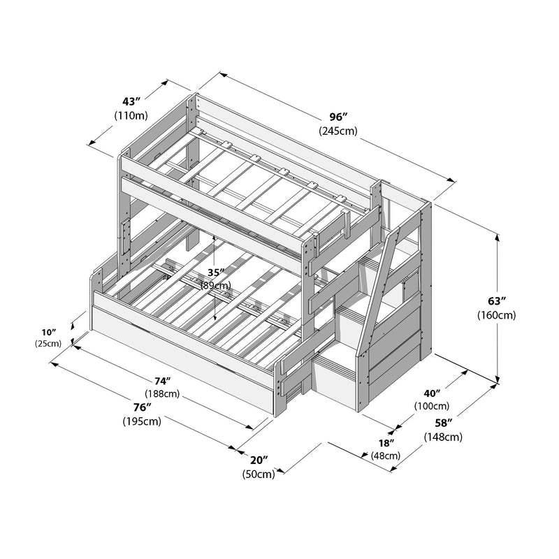 Isometric dimension diagram of a twin-over-full wooden bunk bed with storage staircase, slatted mattress supports and measurements shown in inches and centimeters