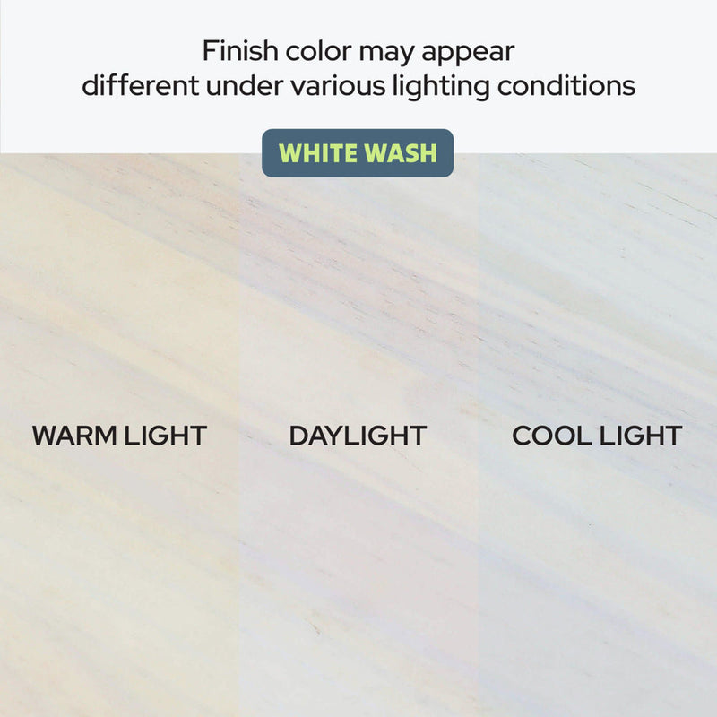 White-wash wood finish color comparison showing three swatches under warm light, daylight, and cool light to illustrate how a whitewash furniture or flooring finish may appear different under various lighting conditions.