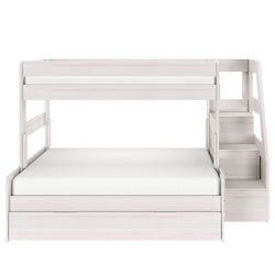Whitewashed wood full-over-twin bunk bed with built-in stair storage, under-bed trundle drawer, and space-saving modern kids bedroom furniture