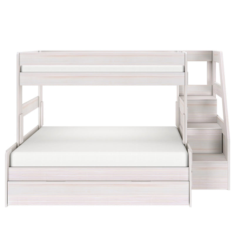 Whitewashed wood full-over-twin bunk bed with built-in stair storage, under-bed trundle drawer, and space-saving modern kids bedroom furniture
