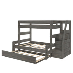 Gray wood twin-over-full bunk bed with pull-out trundle and built-in staircase storage drawers, slatted mattress supports — space-saving modern kids bedroom furniture