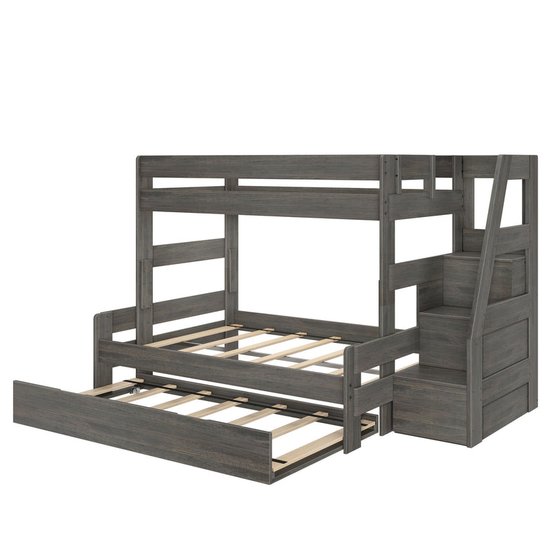 Gray wood twin-over-full bunk bed with pull-out trundle and built-in staircase storage drawers, slatted mattress supports — space-saving modern kids bedroom furniture