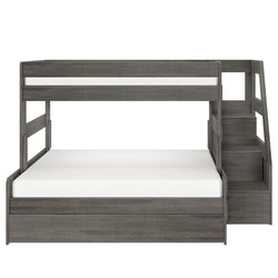 Space-saving twin-over-full bunk bed in weathered gray wood with staircase storage and under-bed drawers, modern kids bedroom furniture