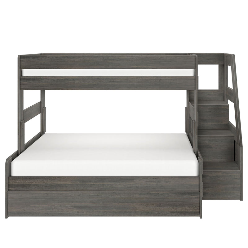 Space-saving twin-over-full bunk bed in weathered gray wood with staircase storage and under-bed drawers, modern kids bedroom furniture