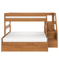 Solid wood twin-over-full bunk bed with staircase and built-in storage drawers, honey oak finish, space-saving kids' bedroom furniture