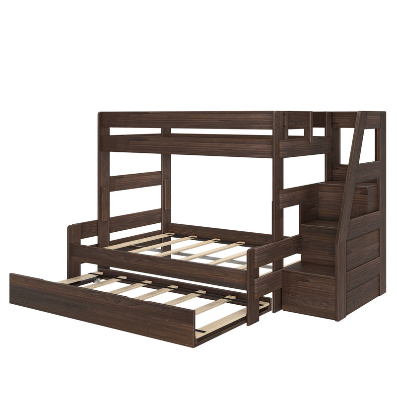Dark brown wooden bunk bed with built-in storage stairs and pull-out trundle, twin-over-full space-saving design with slatted mattress supports for kids' bedroom furniture