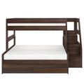 Dark walnut twin-over-full bunk bed with staircase and built-in storage drawers, modern wooden frame with white mattresses