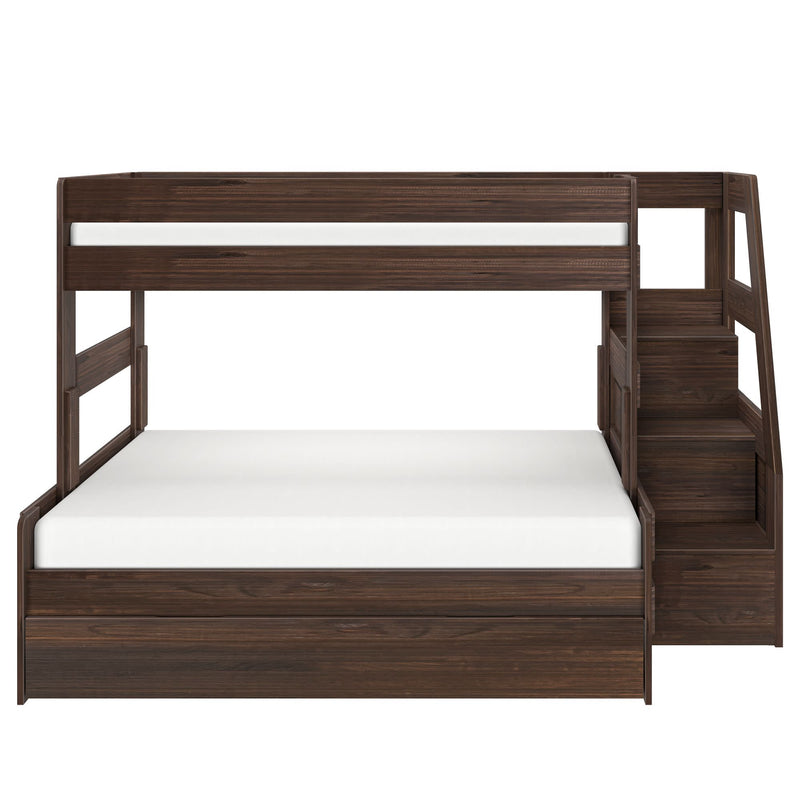 Dark walnut twin-over-full bunk bed with staircase and built-in storage drawers, modern wooden frame with white mattresses
