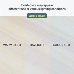 White-wash wood finish sample showing color variations under warm light, daylight, and cool light