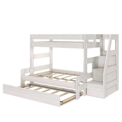 White wooden bunk bed with pull-out trundle and built-in storage staircase, modern space-saving kids bedroom furniture