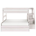 Space-saving white wooden bunk bed with built-in staircase, safety rails, and under-bed trundle storage