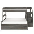 Modern gray wood twin-over-full bunk bed with built-in staircase and storage drawers — space-saving kids and teens bedroom furniture