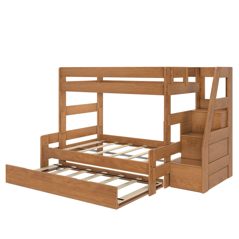 Wooden bunk bed with pull-out trundle and built-in storage stairs in honey oak finish, space-saving kids' bedroom furniture