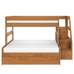 Twin-over-full wooden bunk bed with staircase storage and pull-out trundle, oak finish, space-saving kids' bedroom furniture