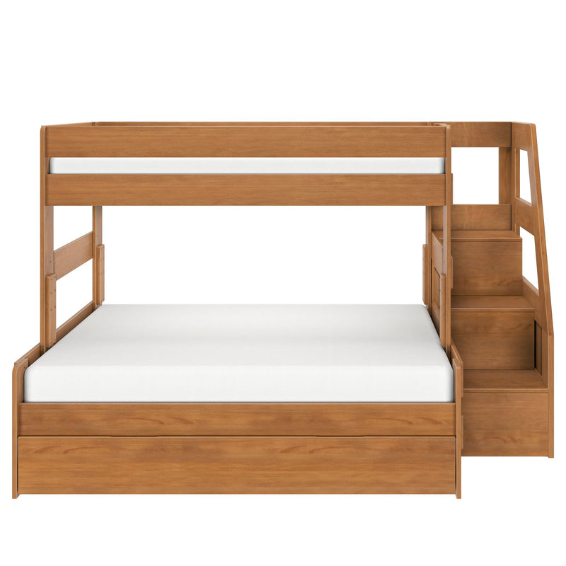 Twin-over-full wooden bunk bed with staircase storage and pull-out trundle, oak finish, space-saving kids' bedroom furniture