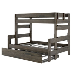 Dark wood twin over twin bunk bed frame with pull-out trundle.