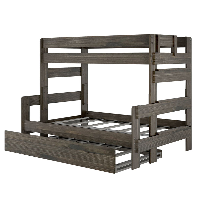 Dark wood twin over twin bunk bed frame with pull-out trundle.