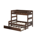 Dark walnut wooden bunk bed with pull-out trundle drawer and slatted mattress frames, space-saving children's bedroom bed
