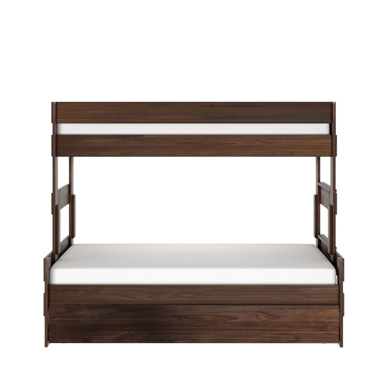 Modern dark walnut wooden bunk bed with white mattresses, built-in ladder and guardrails — space-saving kids' bedroom solution