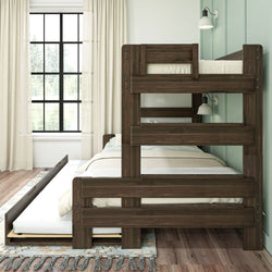 Dark wood bunk bed with trundle in modern bedroom with large windows and white curtains.