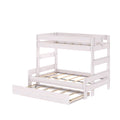 White wooden bunk bed with ladder and pull-out trundle, slatted mattress supports, modern space-saving kids bedroom furniture