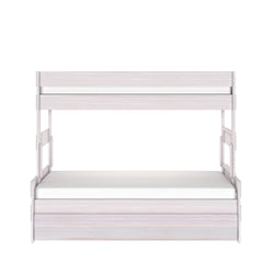 White wooden two-tier bunk bed with guard rails and ladder, minimalist modern bedroom furniture