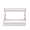 White wooden two-tier bunk bed with guard rails and ladder, minimalist modern bedroom furniture