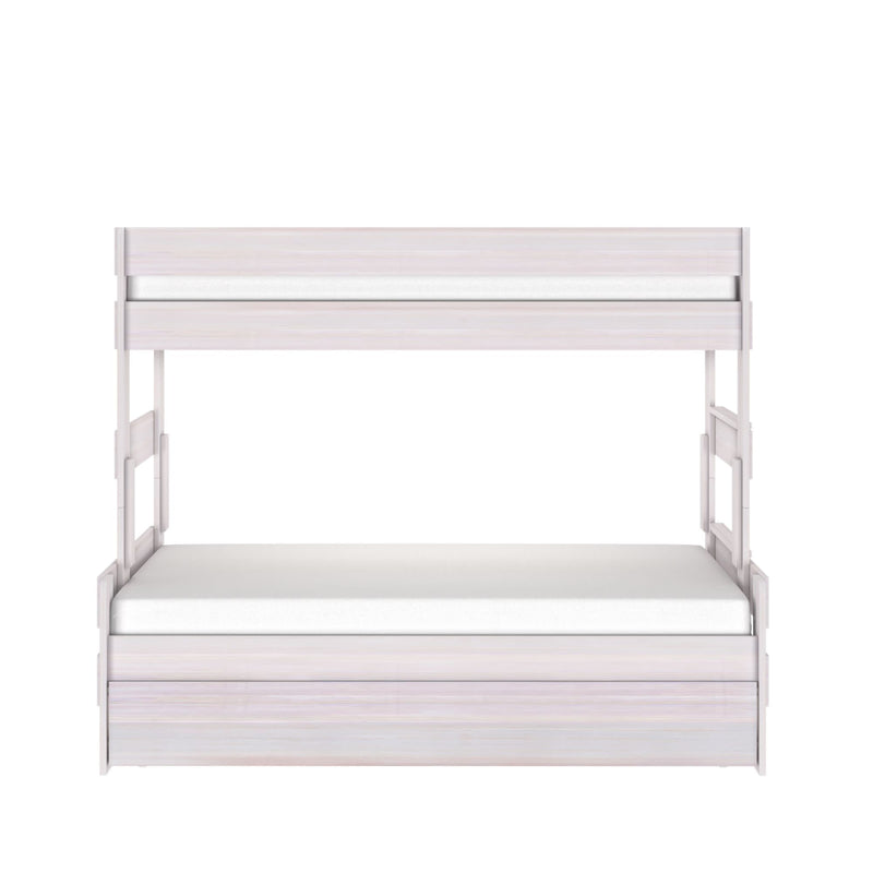 White wooden two-tier bunk bed with guard rails and ladder, minimalist modern bedroom furniture