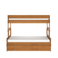 Natural wood twin-over-twin bunk bed with white mattresses, modern minimalist solid-wood frame, safety guardrails and under-bed storage drawer — space-saving kids' bedroom furniture