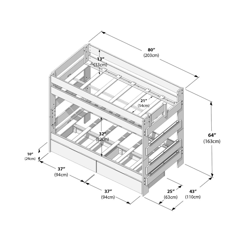 Diagram of a wooden twin-over-twin bunk bed with built-in storage drawers and side ladder showing detailed dimensions and measurements in inches and centimeters — bunk bed dimensions, assembly diagram, slatted mattress supports, and storage layout.