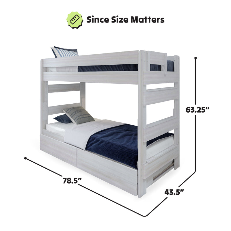 White wooden bunk bed with dimensions 63.25 inches high, 78.5 inches long, and 43.5 inches wide.
