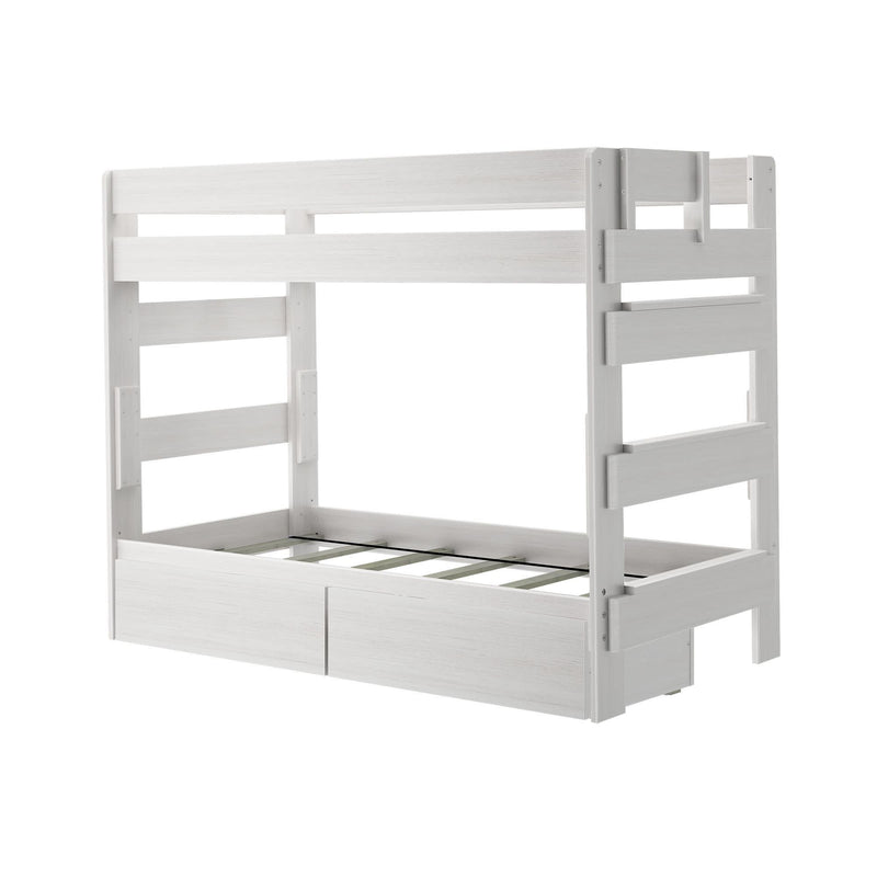 White wooden bunk bed frame for kids' room, featuring ladder and sturdy construction.
