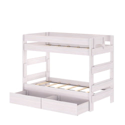 White wooden twin-over-twin bunk bed with built-in guardrails, integrated ladder and under-bed storage drawers — modern space-saving kids' bedroom furniture