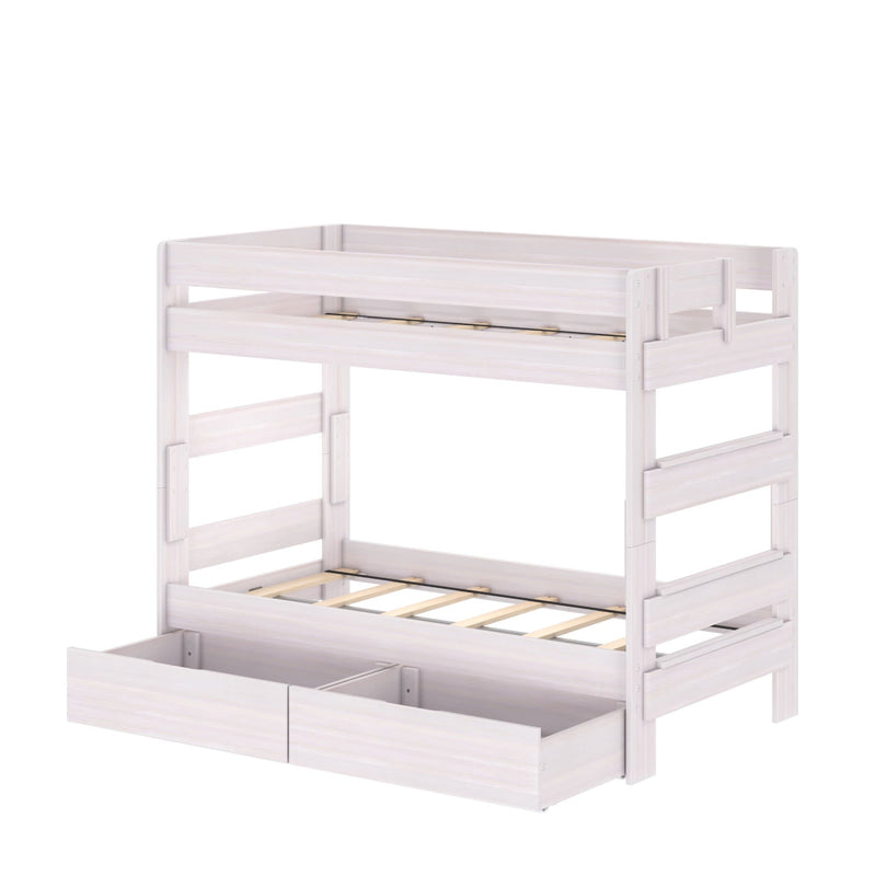 White wooden twin-over-twin bunk bed with built-in guardrails, integrated ladder and under-bed storage drawers — modern space-saving kids' bedroom furniture