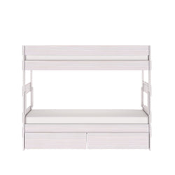 White wooden twin-over-twin bunk bed with built-in storage drawers, space-saving modern kids bedroom furniture