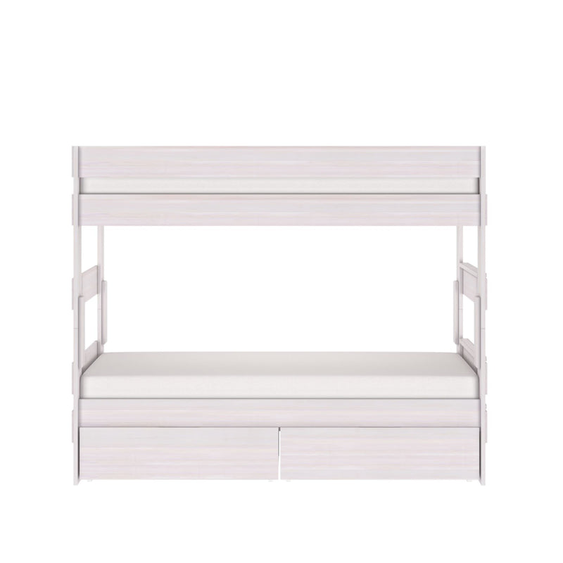 White wooden twin-over-twin bunk bed with built-in storage drawers, space-saving modern kids bedroom furniture