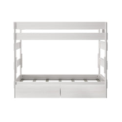 White wooden bunk bed with storage drawers, ideal for kids' rooms and space-saving.
