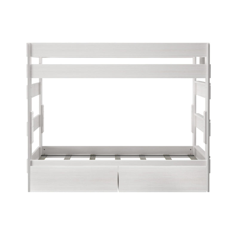 White wooden bunk bed with storage drawers, ideal for kids' rooms and space-saving.
