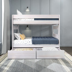 Wooden bunk bed with blue bedding and storage drawers in modern bedroom.