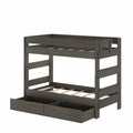 Dark gray twin-over-twin wooden bunk bed with built-in ladder and two under-bed storage drawers, slatted mattress supports